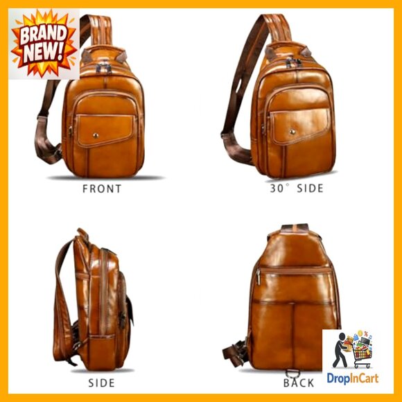 Genuine Leather Sling Backpack Retro Daypack Adjustable Crossbody Chest Bag